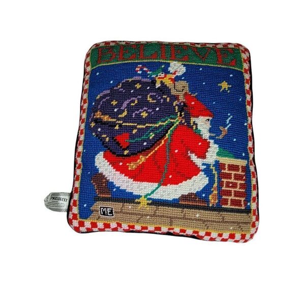 Mary Engelbreit "BELIEVE" 9x10 Completed Wool Needlepoint Throw Pillow Christmas